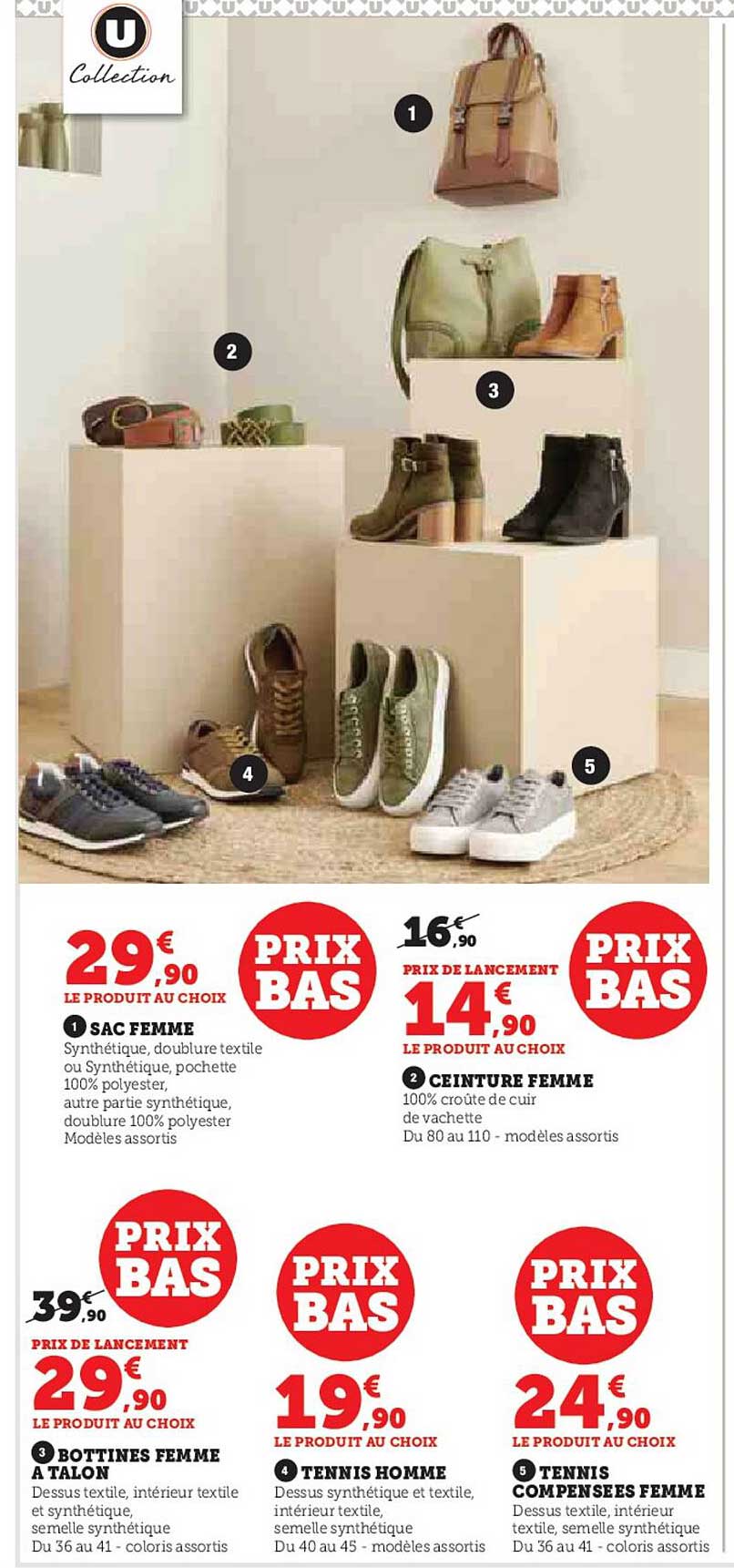 sac femme u collection, ceinture femme u collection, bottines femme à talon u collection, tennis homme u collection, tennis compensées femme u collection