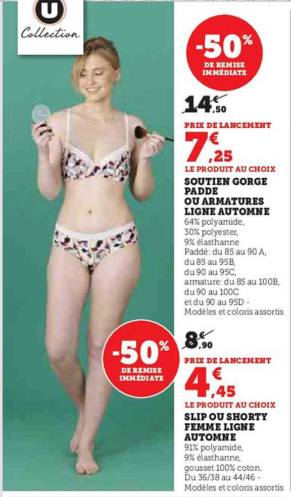 soutien gorge padde ou armatures ligne automne u collection, slip ou shorty femme ligne automne u collection