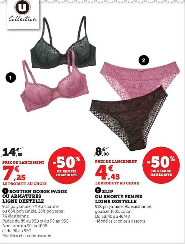 soutien gorge padde ou armatures ligne dentelle u collection, slip ou shorty femme ligne dentelle u collection