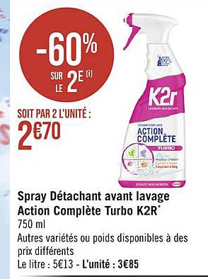 spray détachant avant lavage action complète turbo k2r