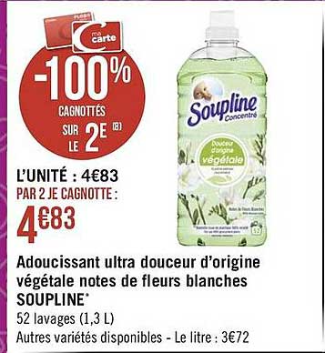 Adoucissant Ultra Douceur D'origine Végétale Notes De Fleurs Blanches Soupline