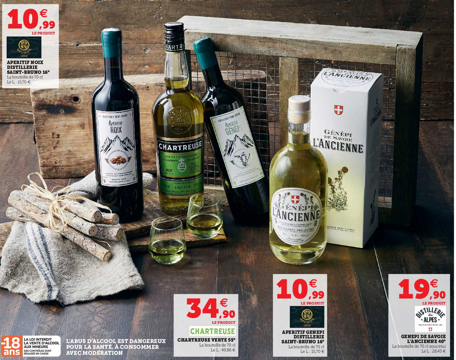 apéritif noix distillerie saint-bruno 16°, chartreuse verte 5.5°, apéritif genepi distillerie saint-bruno 16°, genepi de savoix l'ancienne 40°