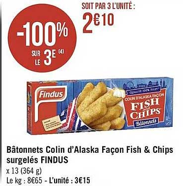 bâtonnets colin d'alaska façon fish & chips surgelés findus