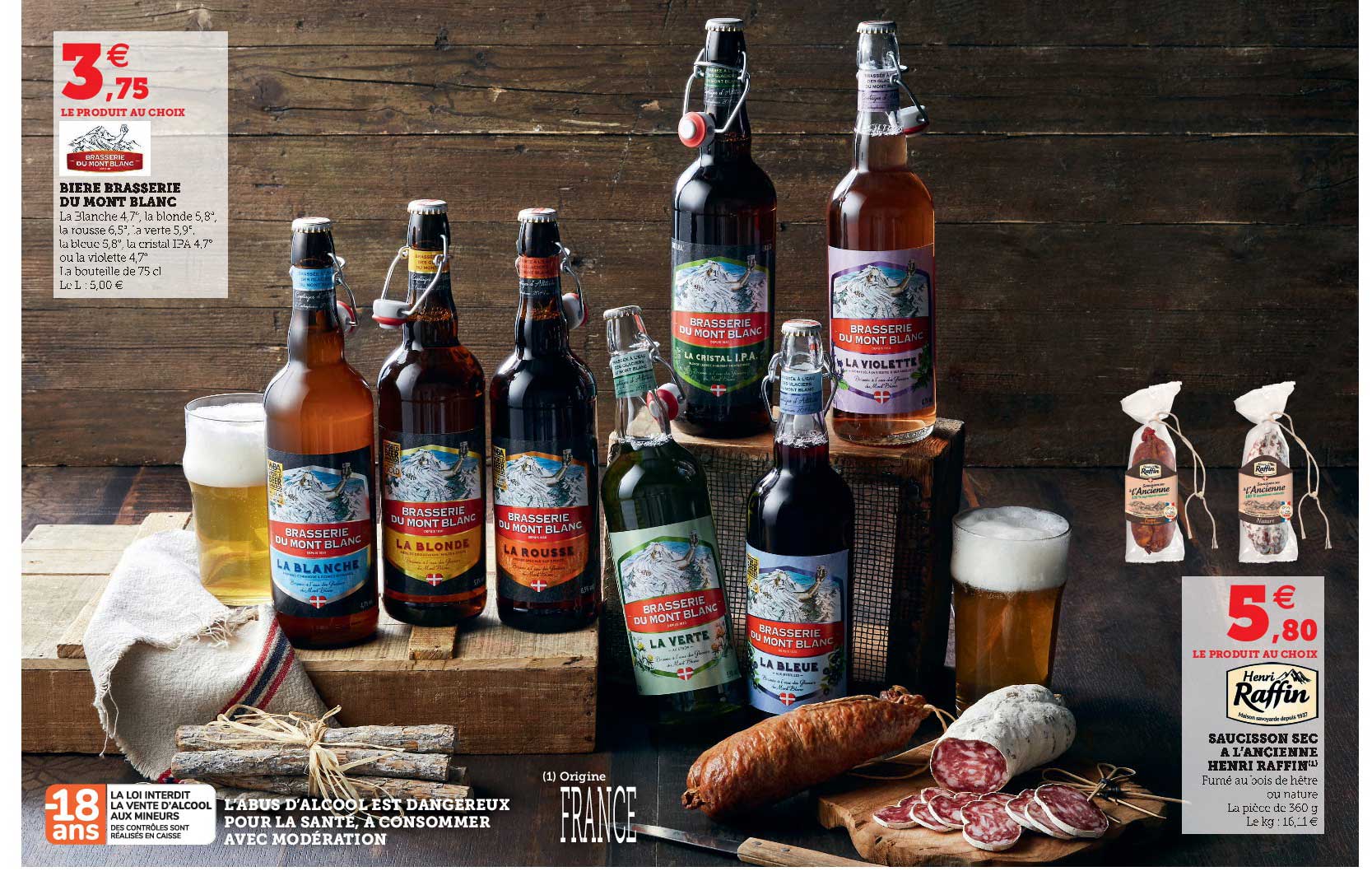 bière brasserie du mont blanc, saucisson sec à l'ancienne henri raffin