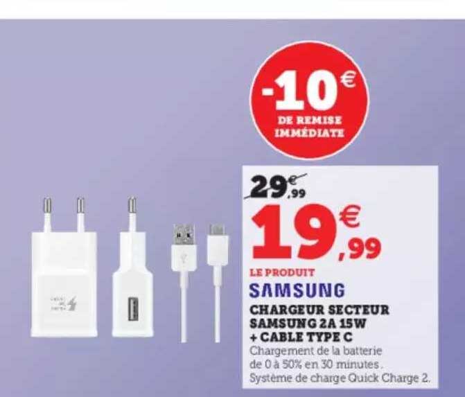 chargeur secteur samsung 2a 15w + cable type c