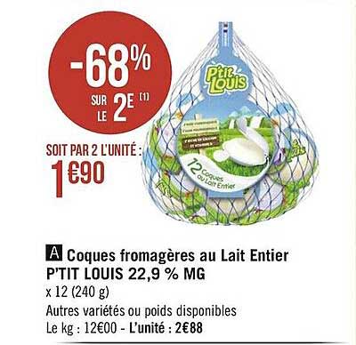 coques fromagères au lait entier p'tit louis 22,9% m.g.