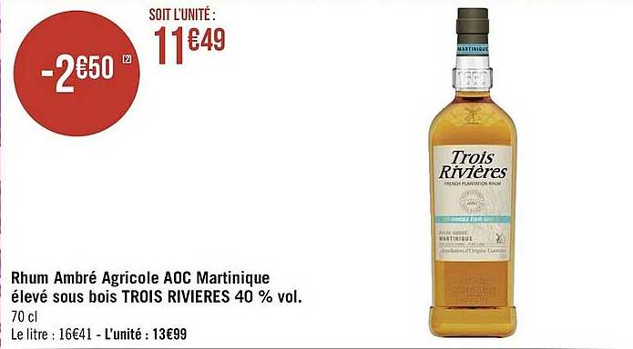 rhum ambré agricole aoc martinique élevé sous bois trois rivières 40% vol.