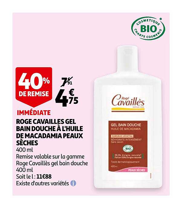 rogé cavaillès gel bain douche à l'huile de macadamia peaux sèches