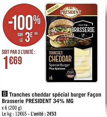 tranches cheddar spécial burger façon brasserie président 34% m.g.
