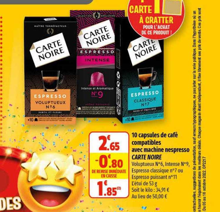 10 capsules de café compatibles avec machine nespresso carte noire
