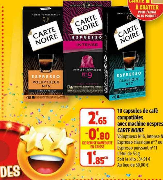 10 capsules de café compatibles avec machine nespresso carte noire