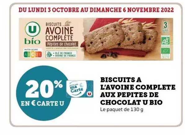 Biscuits à L'avoine Complète Aux Pépites De Chocolat U Bio