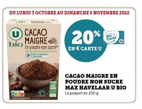 cacao maigre en poudre non sucre max havelaar u bio
