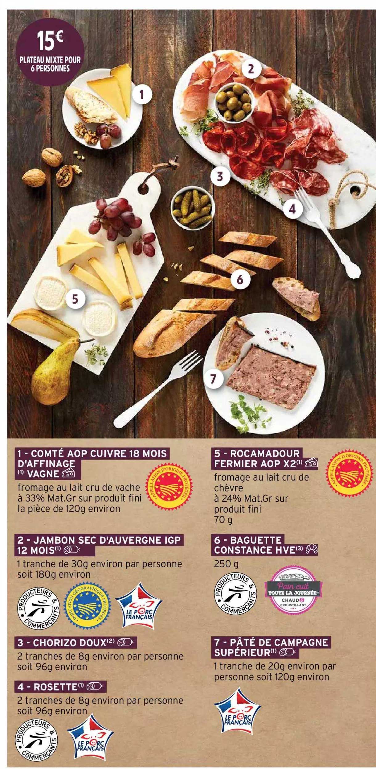 comté aop cuivre 18 mois d'affinage vagne, jambon sec d'auvergne igp 12 mois, chorizo doux, rosette, rocamadour fermier aop , baguette constance hve, pâte de campagne supérieur