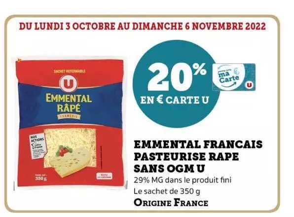 emmental français pasteurisé râpé sans ogm u