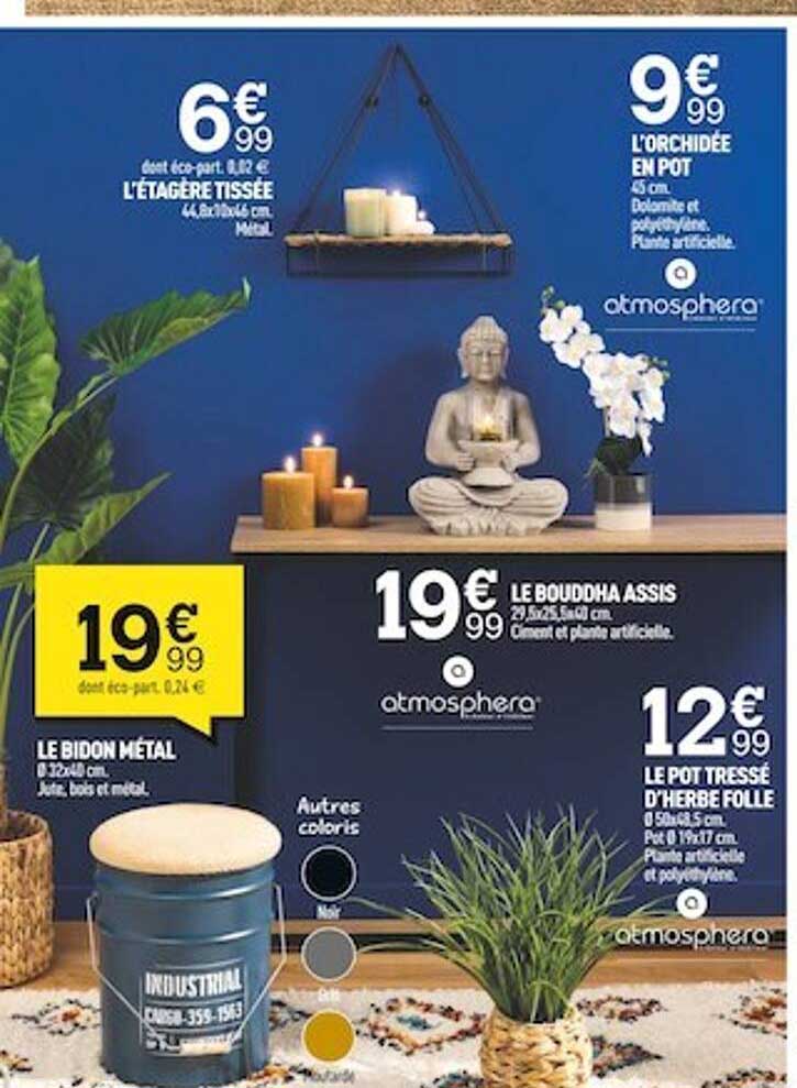 l'étagère tissée, l'orchidée en pot, le bouddha assis, le pot tressé d'herbe folle, le bidon métal