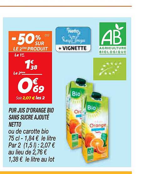 pur jus d'orange bio sans sucre ajouté netto