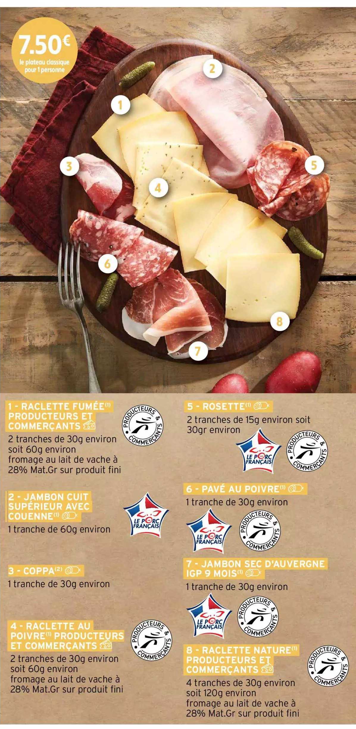 raclette fumée producteurs et commercants, jambon cuit supérieur avec couenne, coppa, raclette au poivre producteurs et commerçants, rosette, jambon sec d'auvergne igp 9 mois, raclette nature