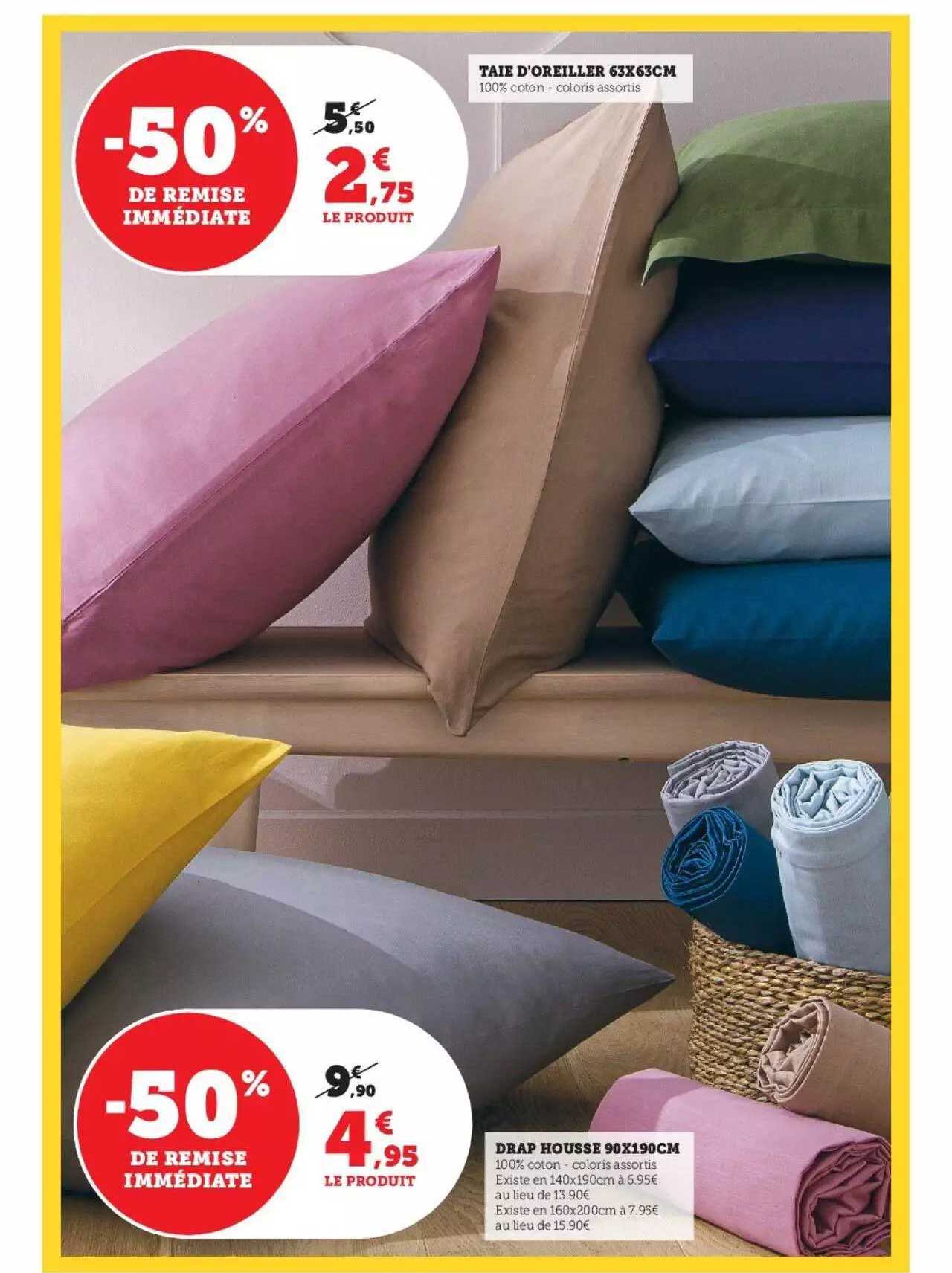 taie d'oreiller 63 x 63 cm, drap housse 90 x 190 cm