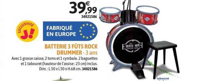 batterie 3 fûts rock drummer - 3 ans