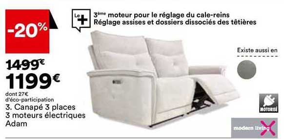 canapé 3 places 3 moteurs électriques adam