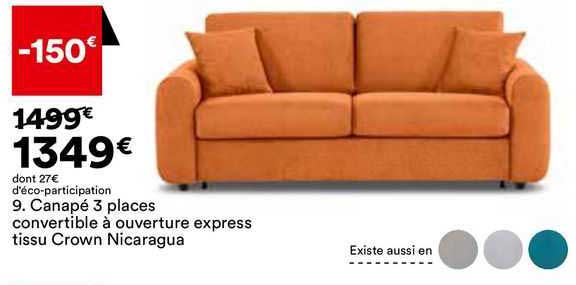canapé 3 places convertible à ouverture express tissu crown nicaragua