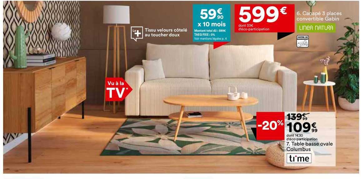 canapé 3 places convertible gabin ou table basse ovale columbus