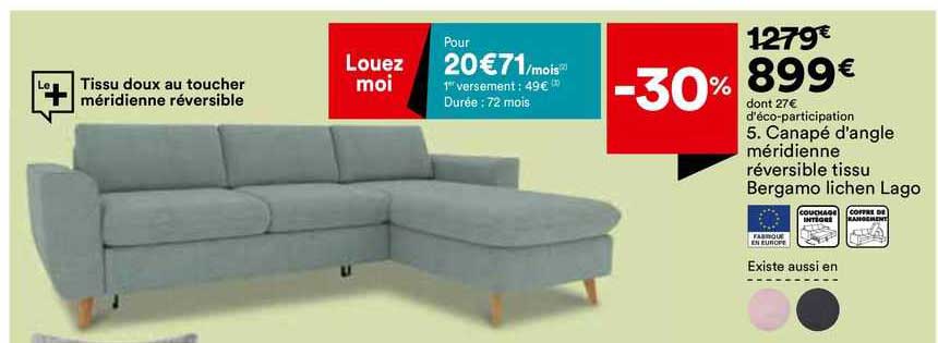 canapé d'angle méridienne réversible tissu bergamo lichen lago