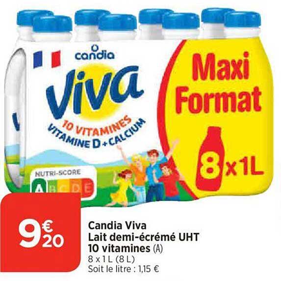 candia viva lait demi-écrémé uht 10 vitamines