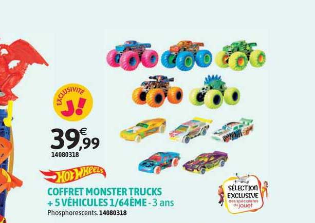 coffret monster trucks + 5 véhicules 1/64ème hot wheels - 3 ans