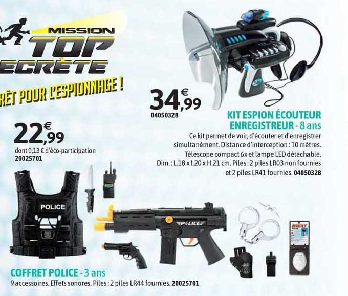 coffret police - 3 ans, kit espion écouteur enregistreur - 8 ans