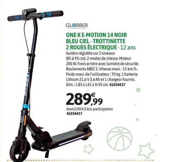 globber one k e-motion 14 noir blue ciel - trottinette 2 roues électrique - 12 ans