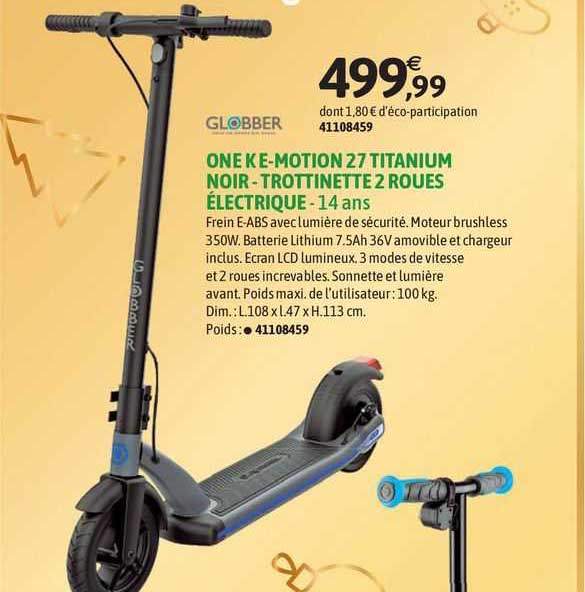 globber one k e-motion 27 titanium noir - trottinette 2 roues électrique - 14 ans
