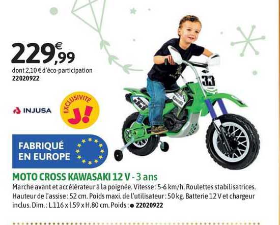 injusa moto cross kawasaki 12 v - 3 ans