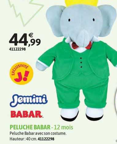 jemini peluche babar - 12 mois