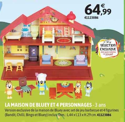 la maison de bluey et 4 personnages