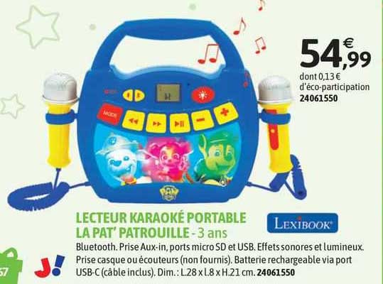 lecteur karaoké portable la pat'patrouille lexibook