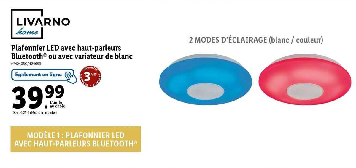 livarno home plafonnier led avec haut-parleurs bluetooth ou avec variateur de blanc