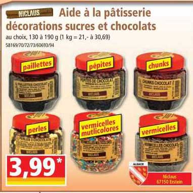 niclaus aide à la pâtisserie décorations sucres et chocolats