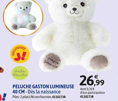peluche gaston lumineuse 40 cm