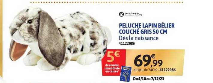 Peluche Lapin Bélier Couché Gris 50 Cm