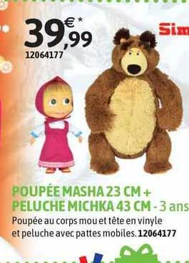 poupée masha 23cm + peluche michka 43 cm