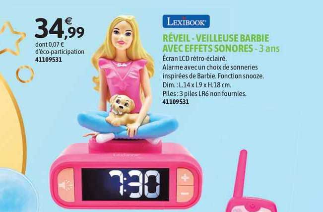 réveil - veilleuse barbie avec effets sonores lexibook