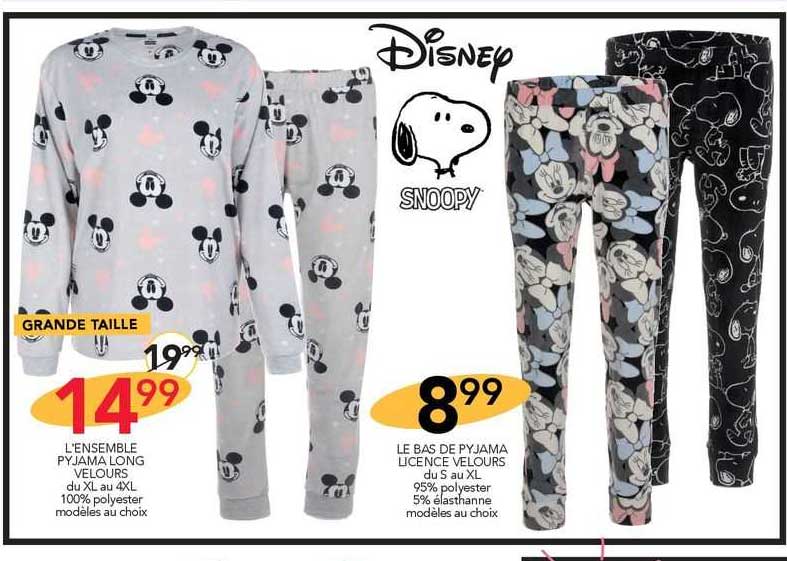 snoopy l'ensemble pyjama long velours ou le bas de pyjama licence velours