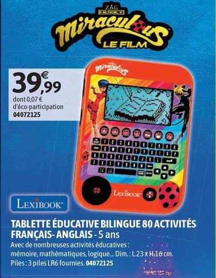 tablette éducative bilingue 80 activités français-anglais lexibook - 5 ans