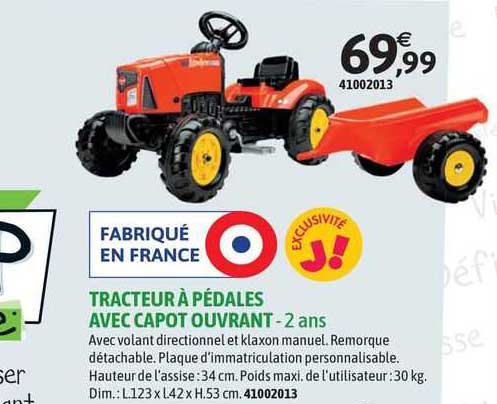 tracteur à pédales avec capot ouvrant - 2 ans