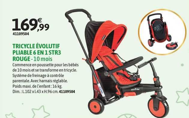 tricycle évolutif pliable 6 en 1 str3 rouge - 10 mois