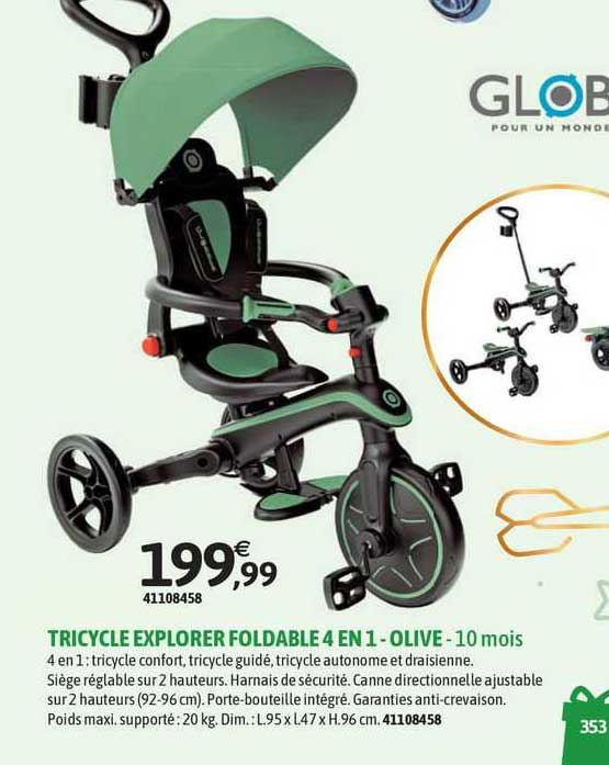 Tricycle Explorer Foldable 4 En 1 - Olive - 10 Mois