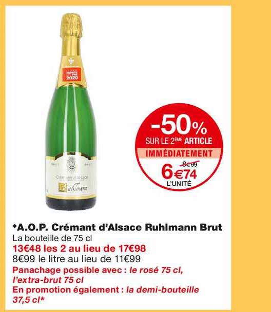 a.o.p. crémant d'alsace ruhlmann brut -50% sur le 2ème article immédiatement