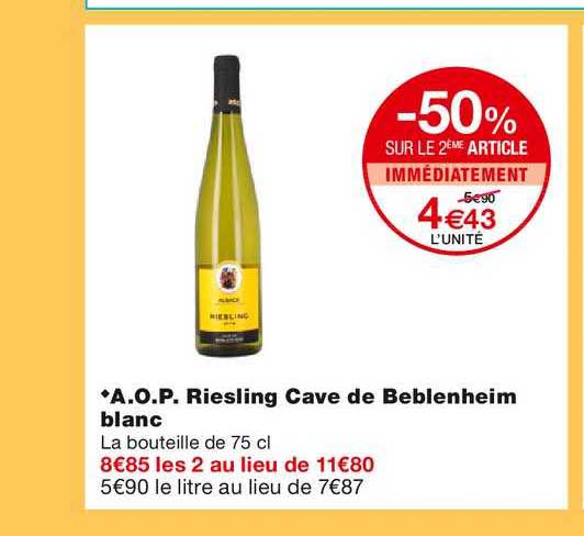 a.o.p. riesling cave de beblenheim blanc -50% sur le 2ème article immédiatement